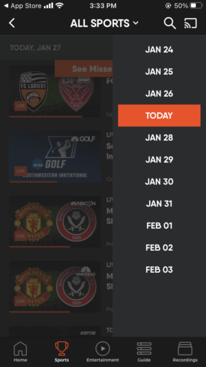 Fubo Live TV on mobile, Sports view, calendar