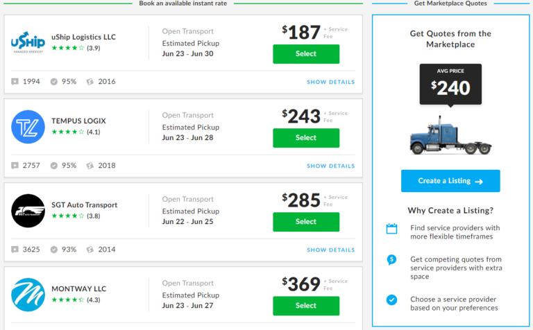 A screenshot of uShip's website